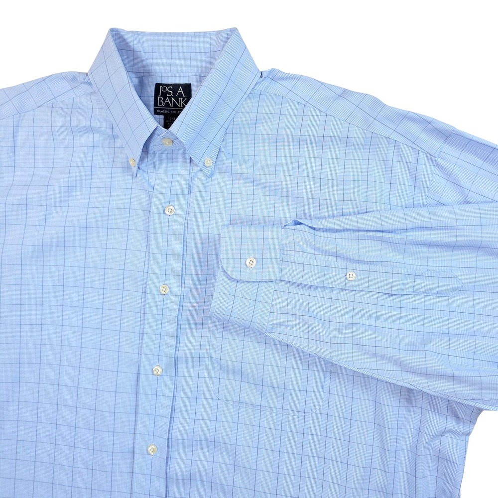 Jos. A. Bank‎ Mens 17-34 Light Blue Windowpane Non-Iron Cotton Dress Shirt